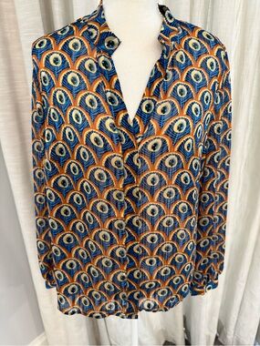 Vibrant Peacoat-Style Geometric Button-Up Blouse - Blue & Orange
